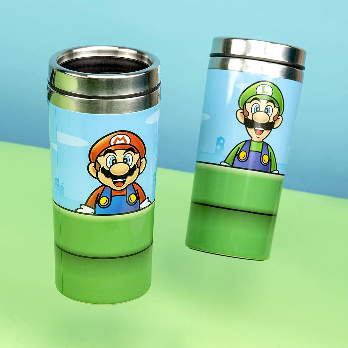 Caneca de Viagem Super Mario e Luigi Cano Verde de Aço Inoxidável