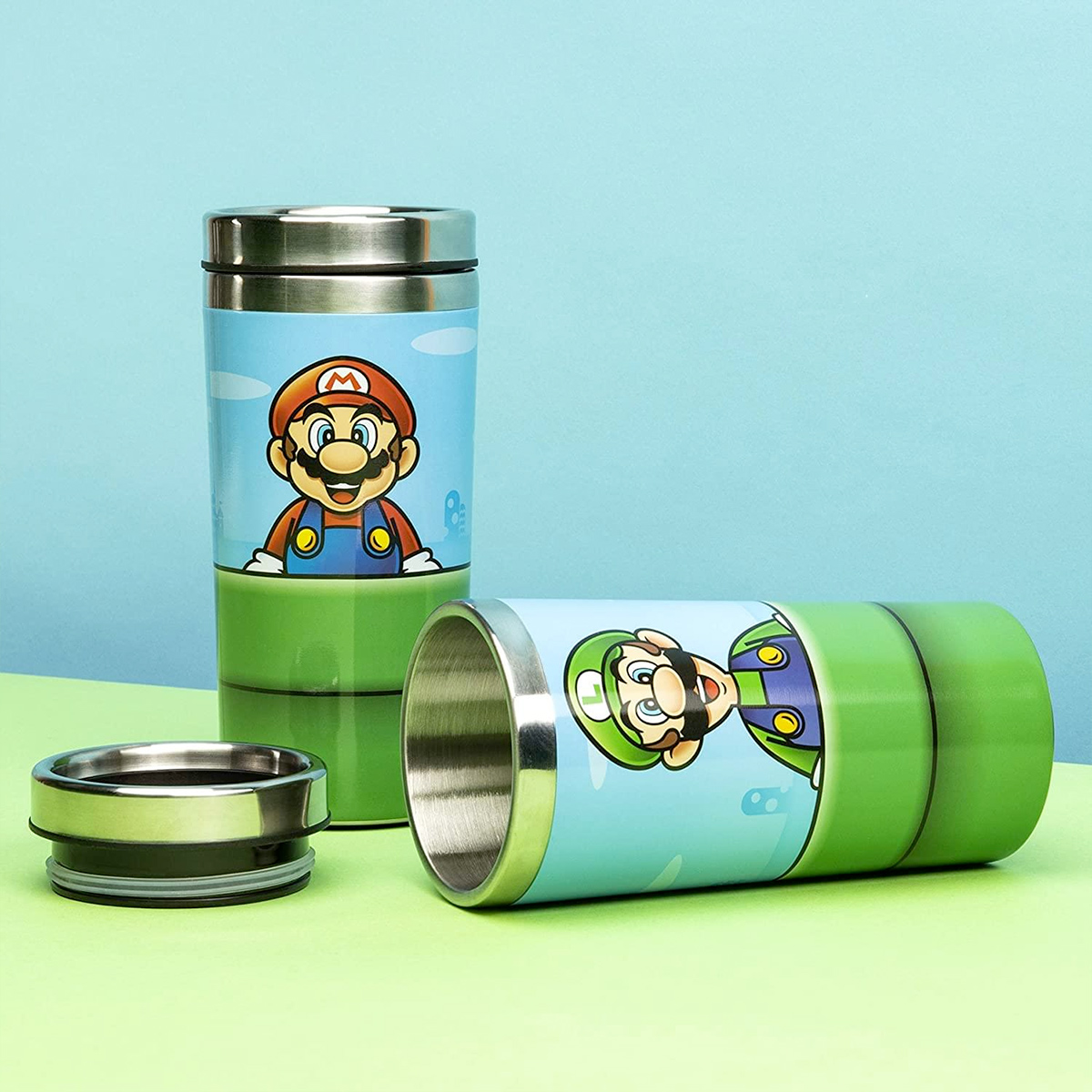 Caneca de Viagem Super Mario e Luigi Cano Verde de Aço Inoxidável