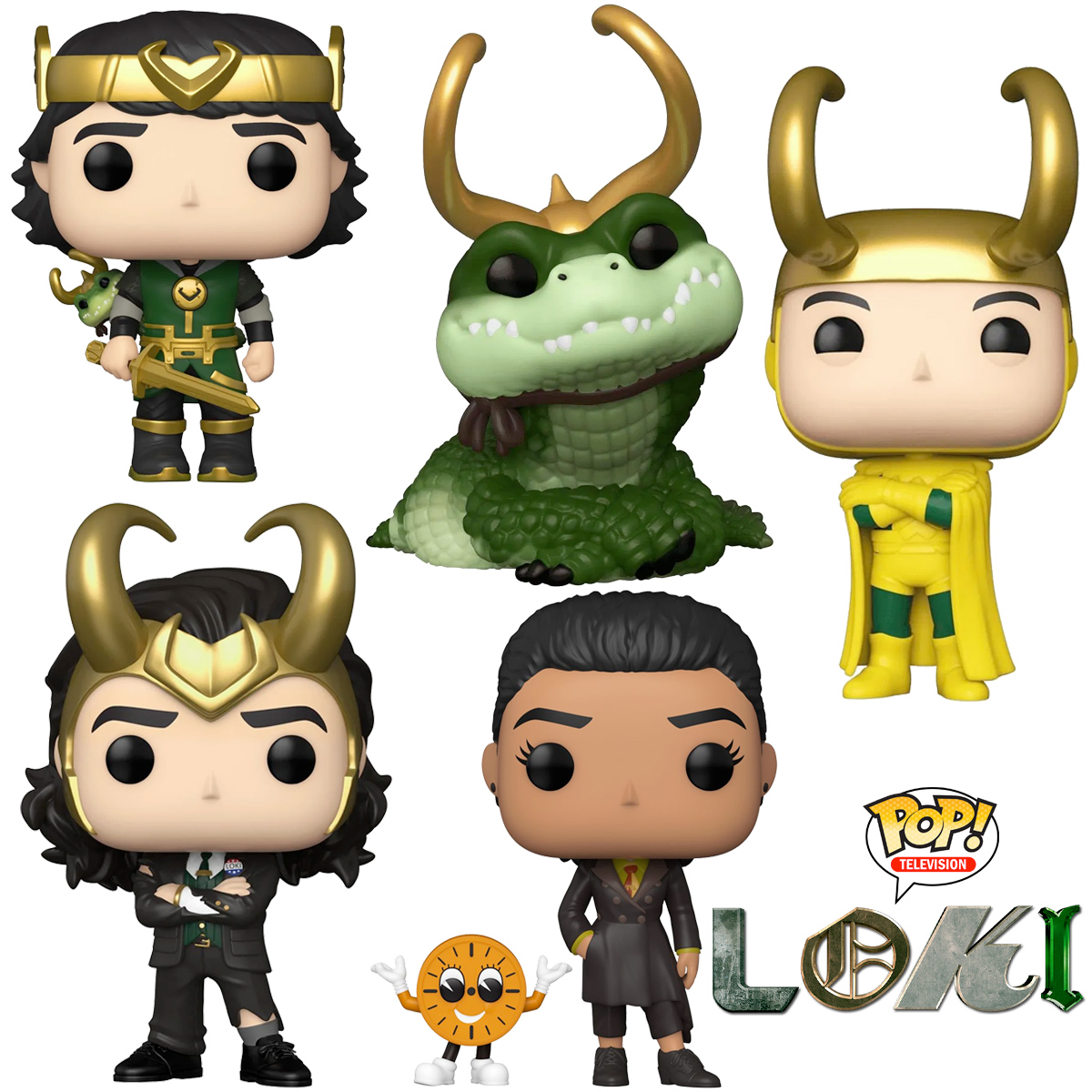 Bonecos Pop! da Série Loki: Alligator Loki, Kid Loki, Classic Loki, President Loki e Ravonna Renslayer