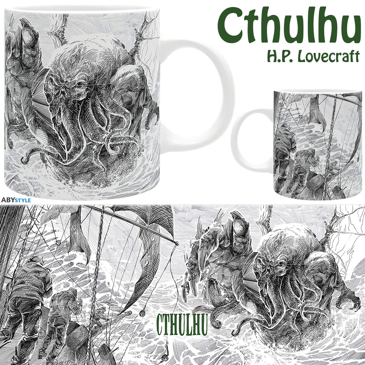 Caneca Cthulhu Ataca com Ilustração em Preto-e-Branco (H.P. Lovecraft)