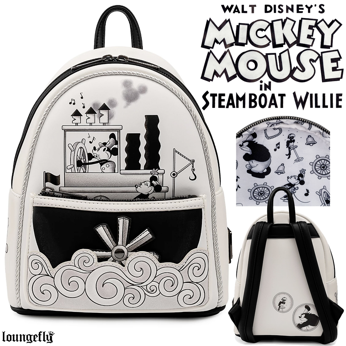 Mini-Mochila Mickey Mouse Steamboat Willie em Preto-e-Branco