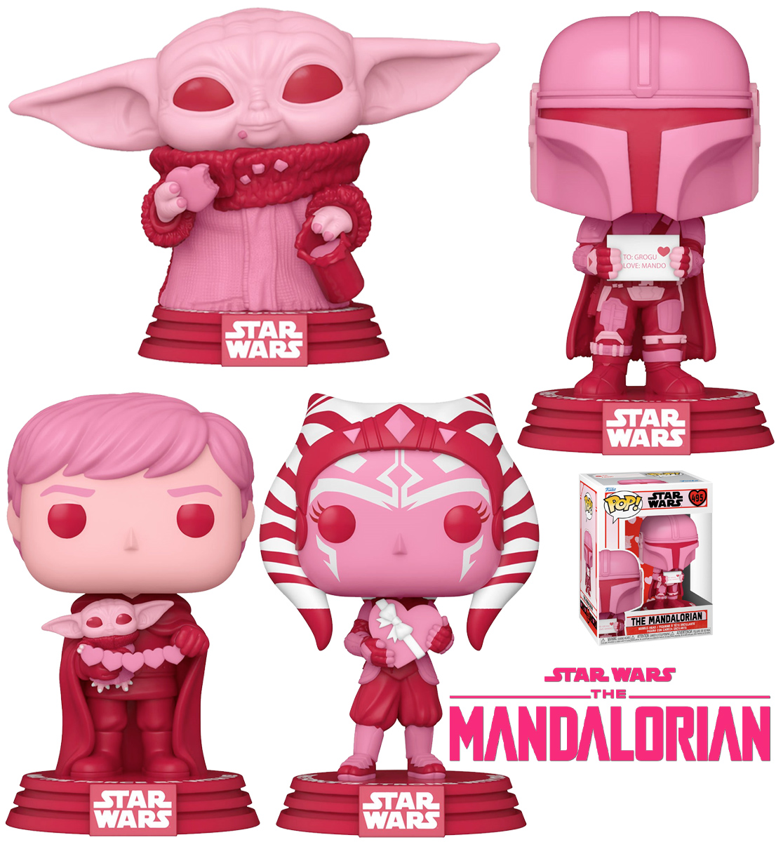 Bonecos Pop! Star Wars The Mandalorian em Tons de Rosa e Vermelho no Dia de São Valentim (Dia dos Namorados)