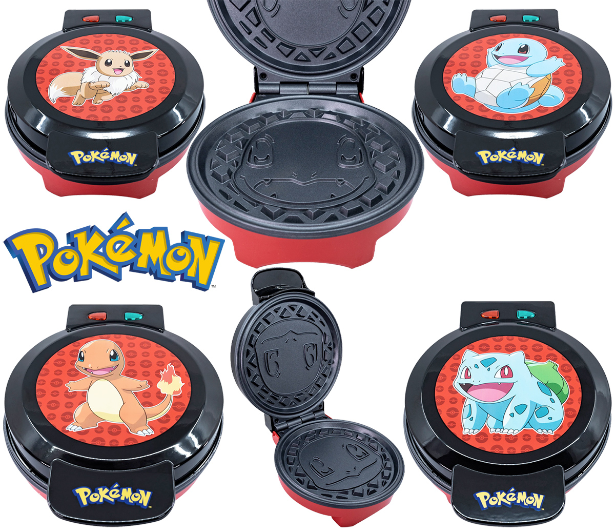 Quatro Máquinas de Waffles Pokémon: Eevee, Squirtle, Charmander e Bulbasaur