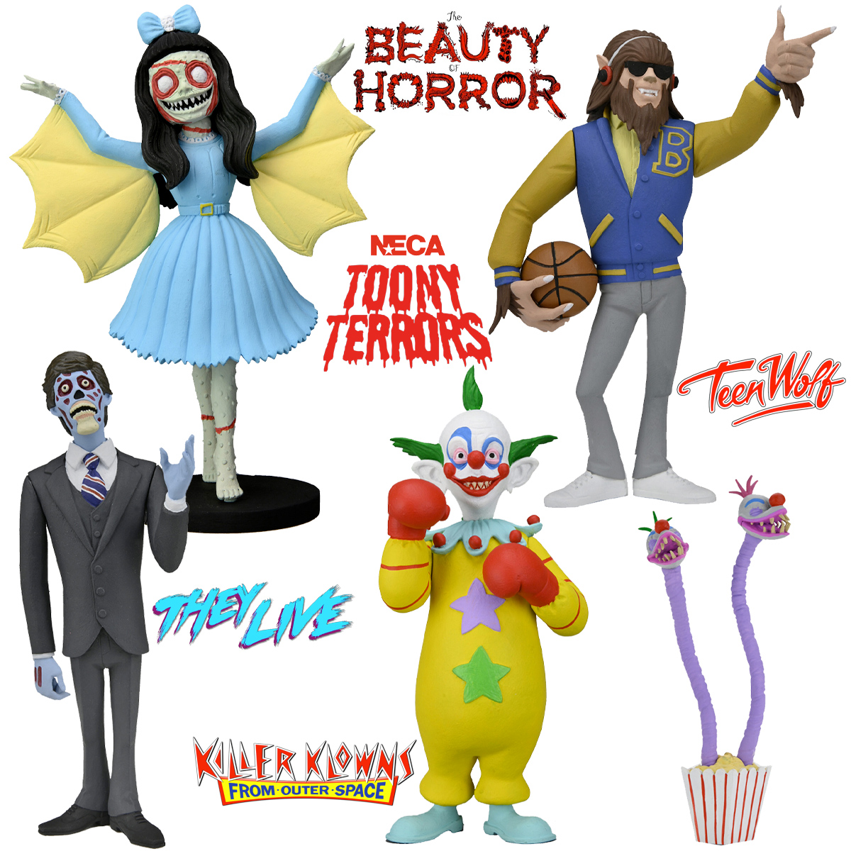 Toony Terrors: Shorty (Killer Klowns), Scott Howard (Teen Wolf), Alien (They Live) e Ghouliana (The Beauty of Horror)