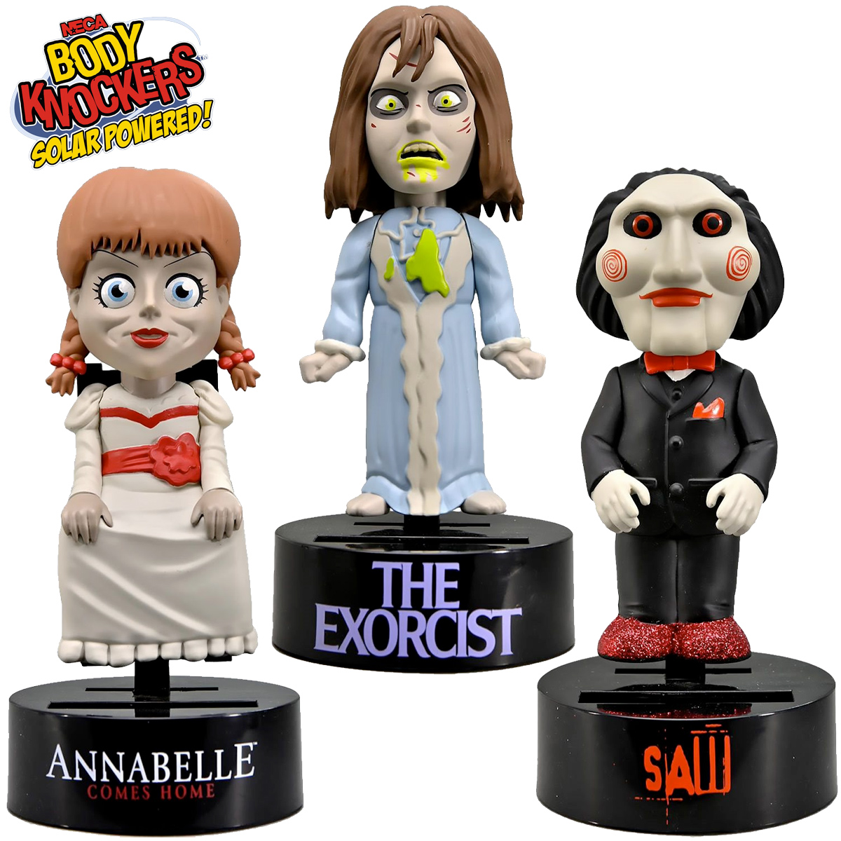 Bonecas Body Knockers do Terror: Reagan (Exorcista), Billy (Jogos Mortais) e Annabelle (Invocação do Mal)