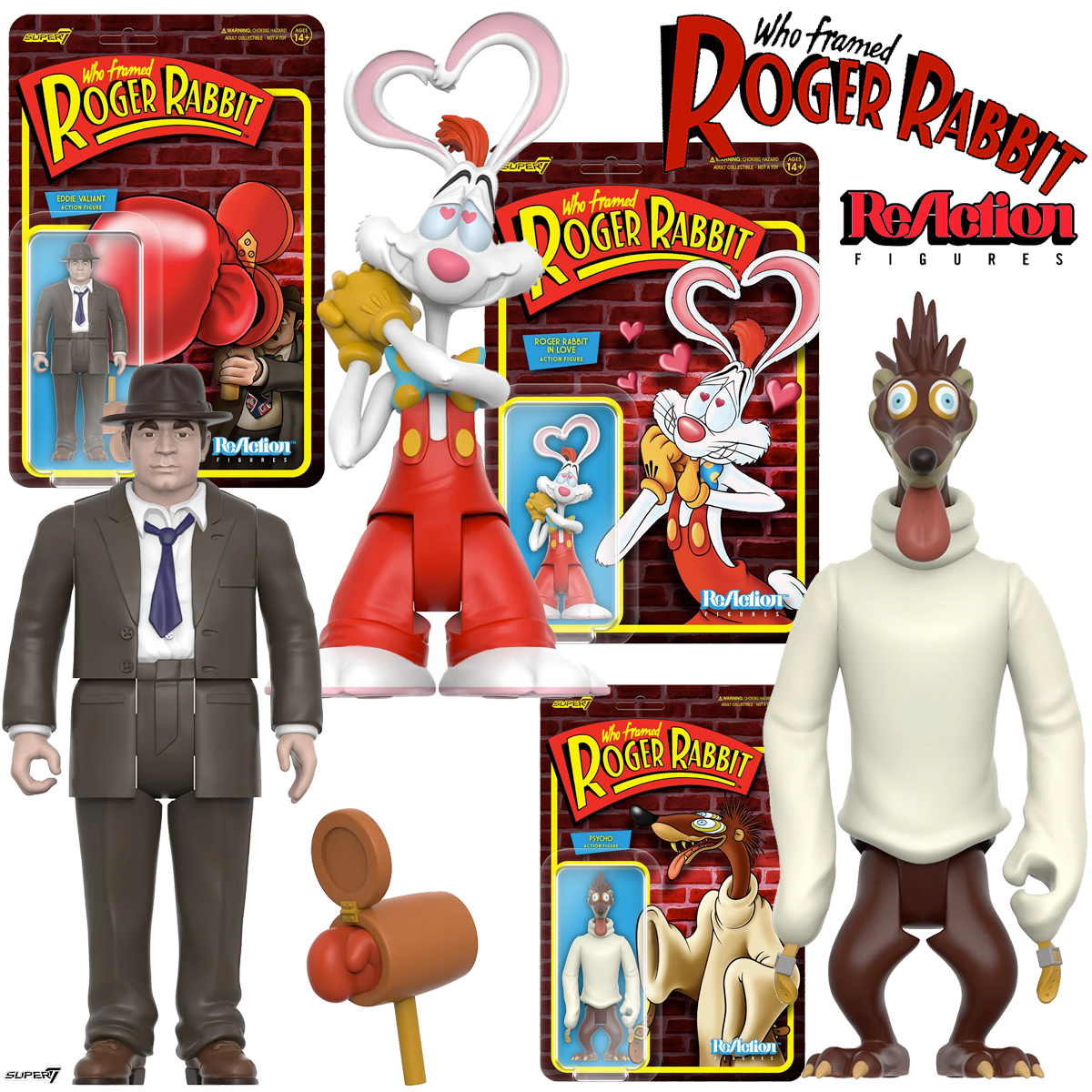 Action Figures ReAction Uma Cilada para Roger Rabbit com Eddie Valiant, Psycho Weasel e Roger Rabbit Apaixonado