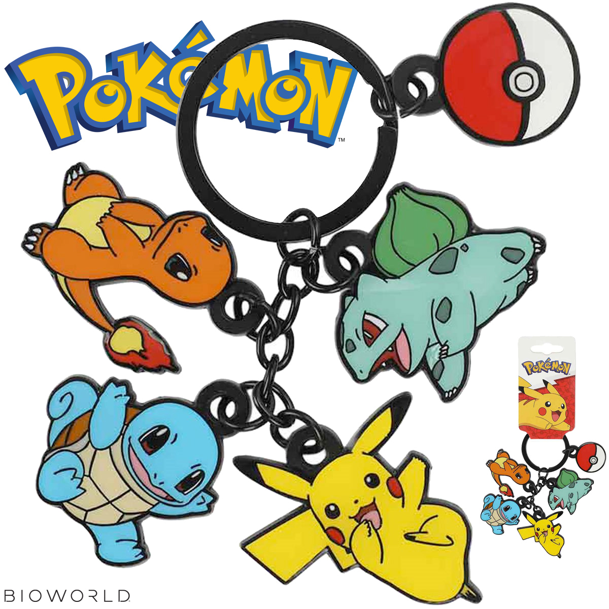 Chaveiro Pokémon com Pikachu, Charmander, Bulbasaur e Squirtle