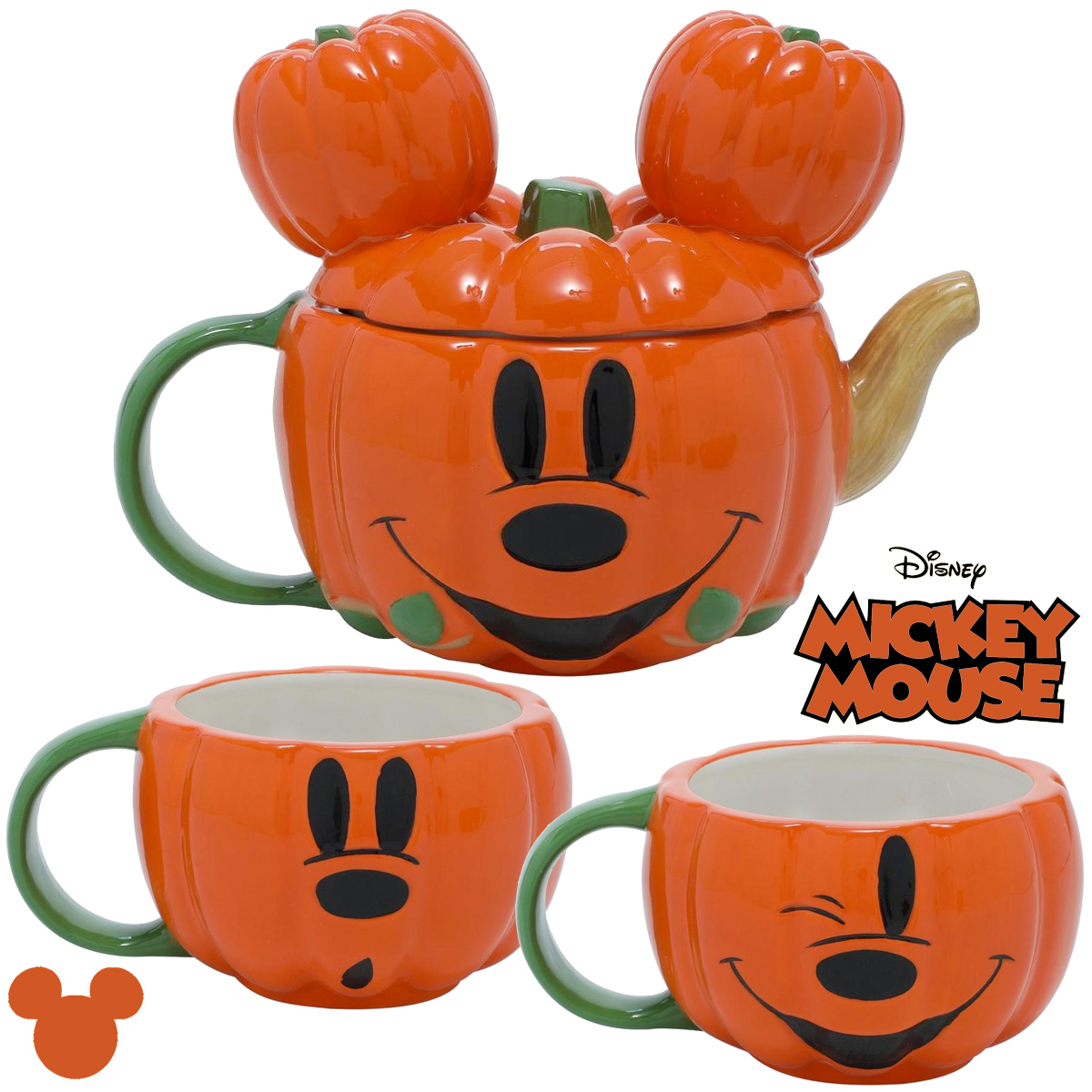 Jogo de Chá Mickey Mouse Pumpkin com Bule e Xícaras Abóboras de Halloween