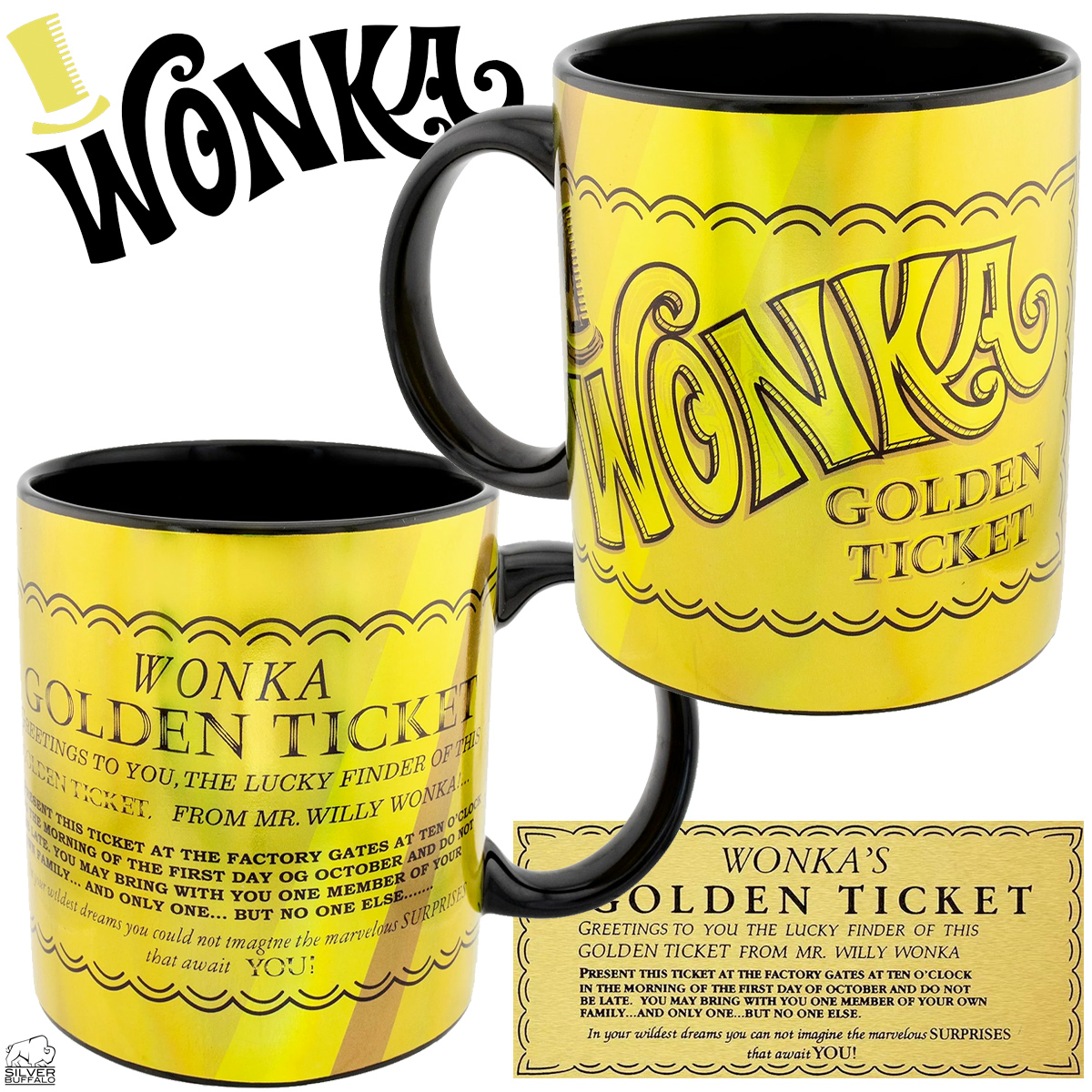 Caneca de Café Willy Wonka Golden Ticket (Bilhete Dourado) A Fantástica Fábrica de Chocolate