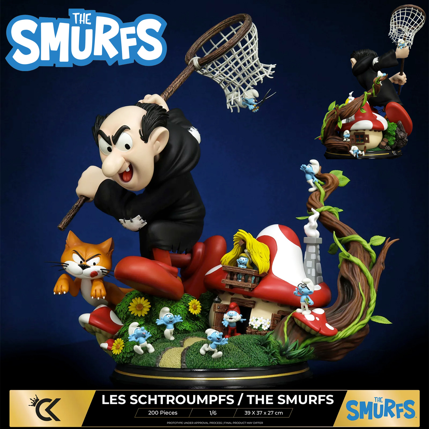 Estátua Os Smurfs Bande Dessinée com Gargamel e o gato Azrael Caçando