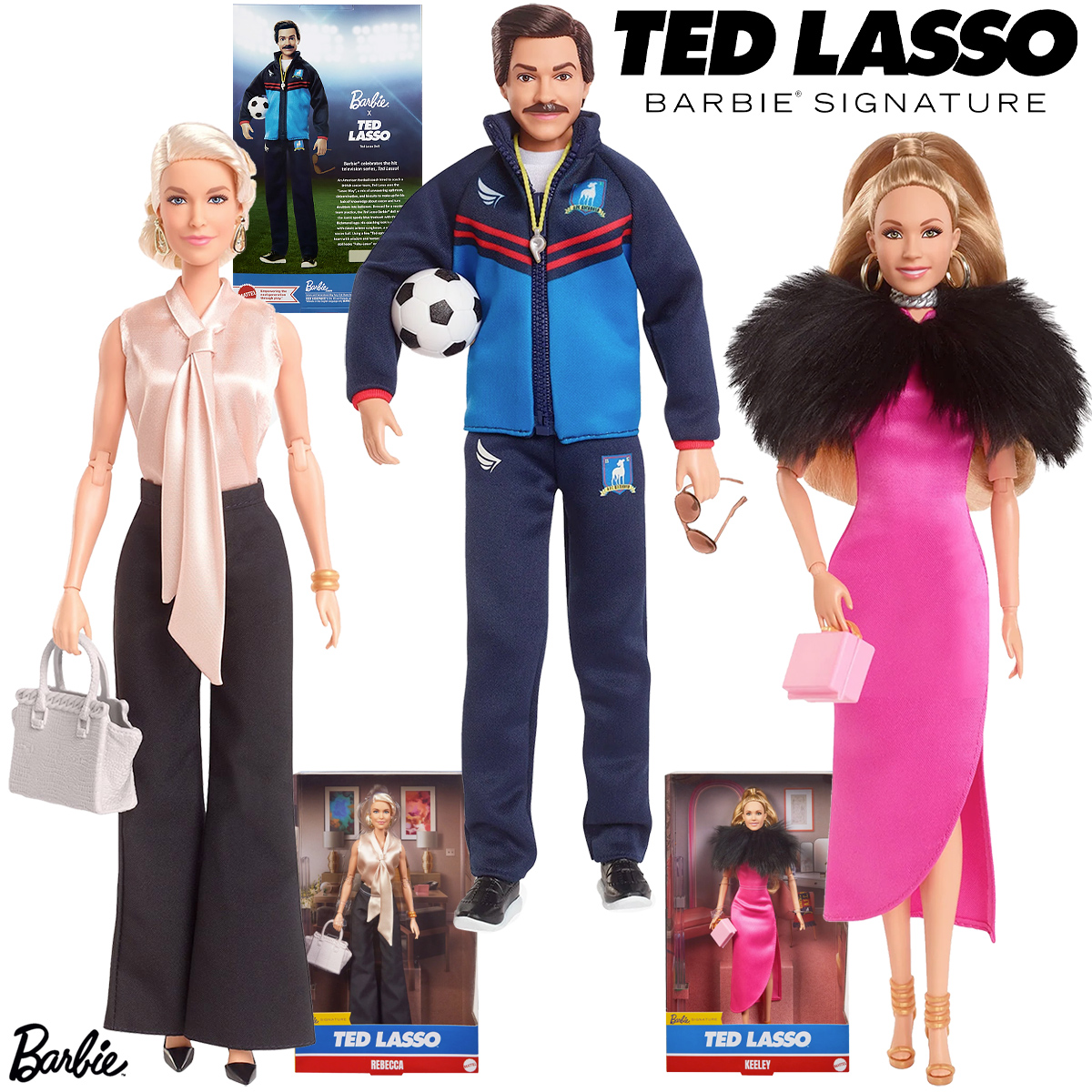 Bonecas Barbie Signature Rebecca Welton, Keeley Jones e Ted Lasso Ken