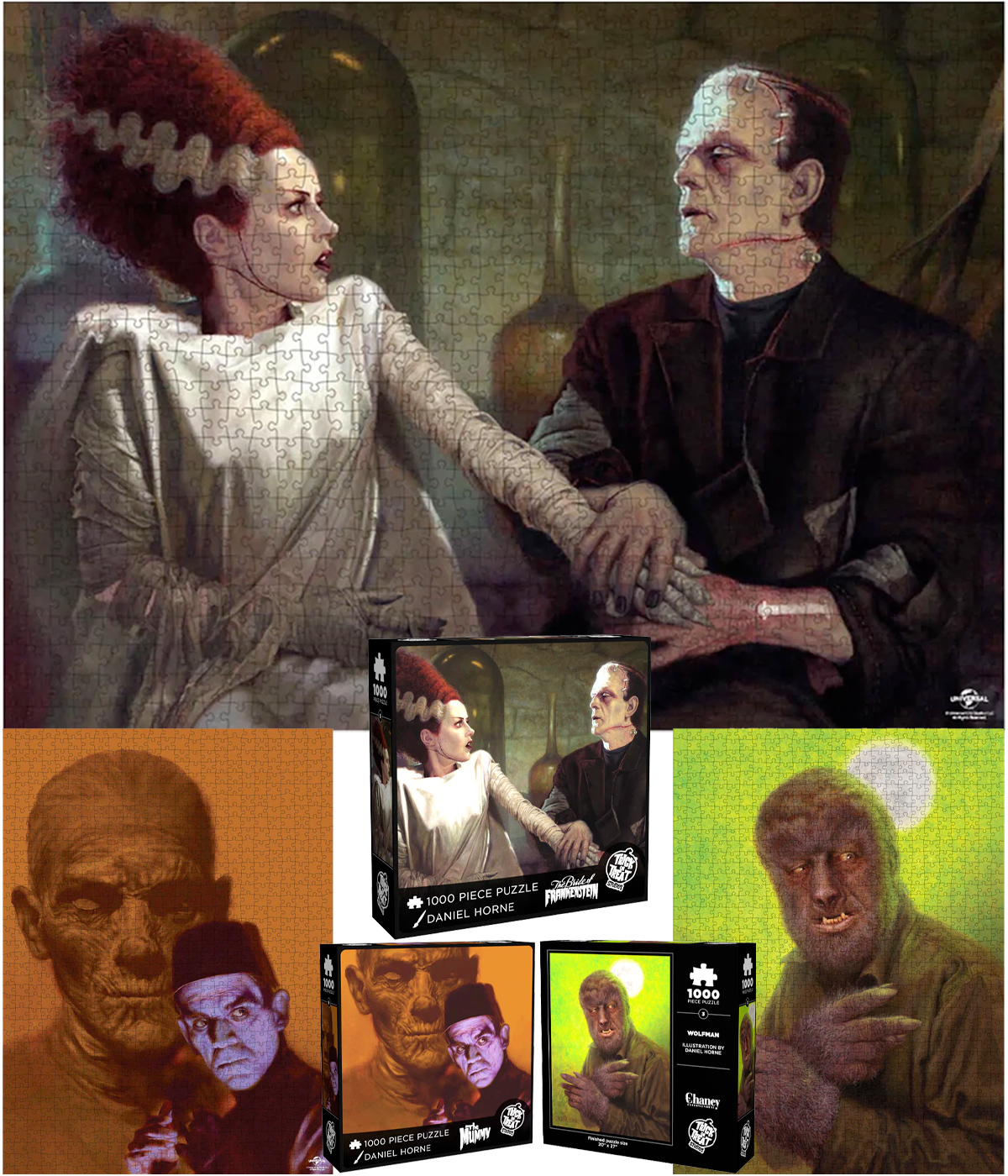 Quebra-Cabeças Monstros do Universal Studios por Daniel Horne: Casal Frankenstein, Wolfman e Múmia