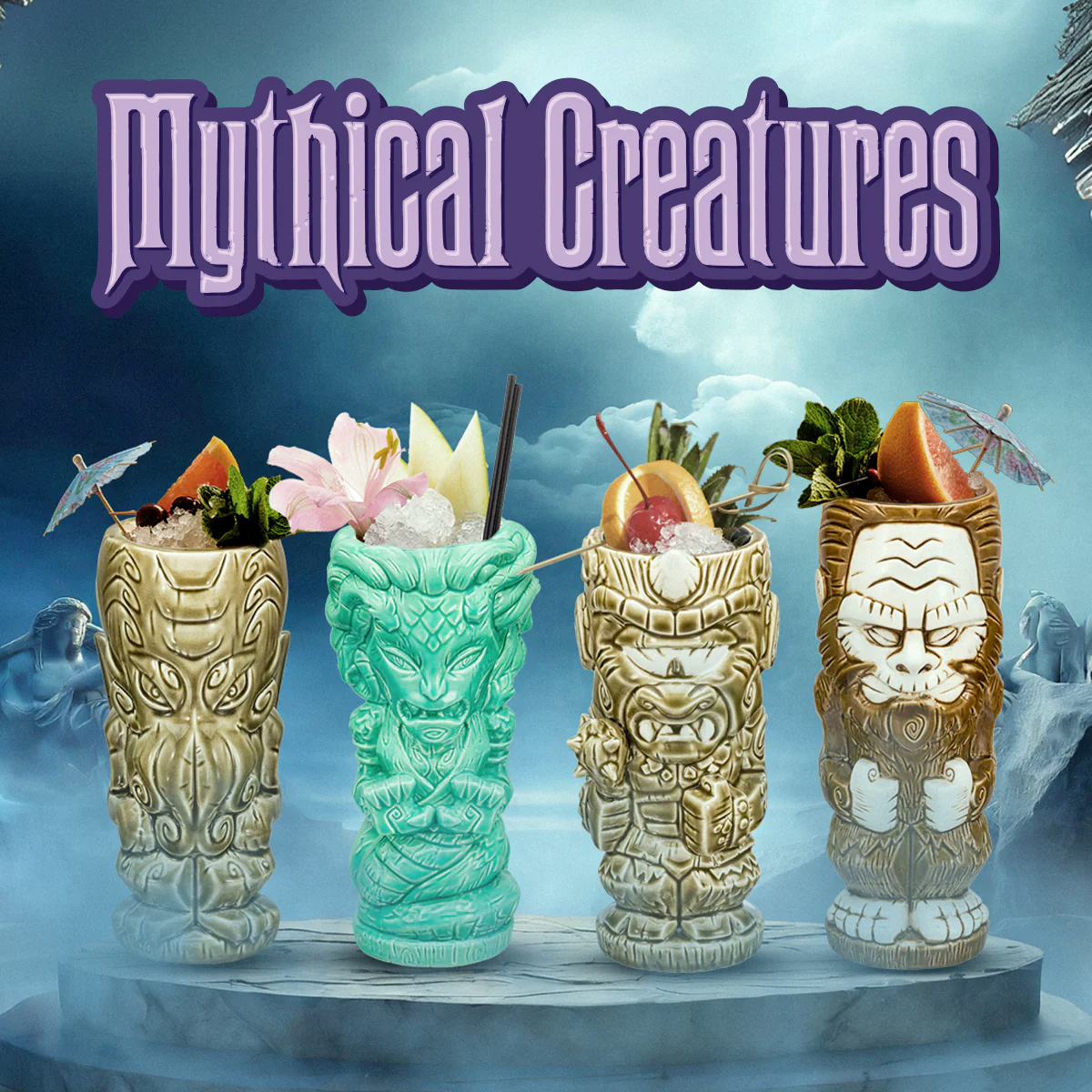 Geeki Tikis Mugs Mythical Creatures: Cthulhu, Bigfoot, Cyclops and Medusa