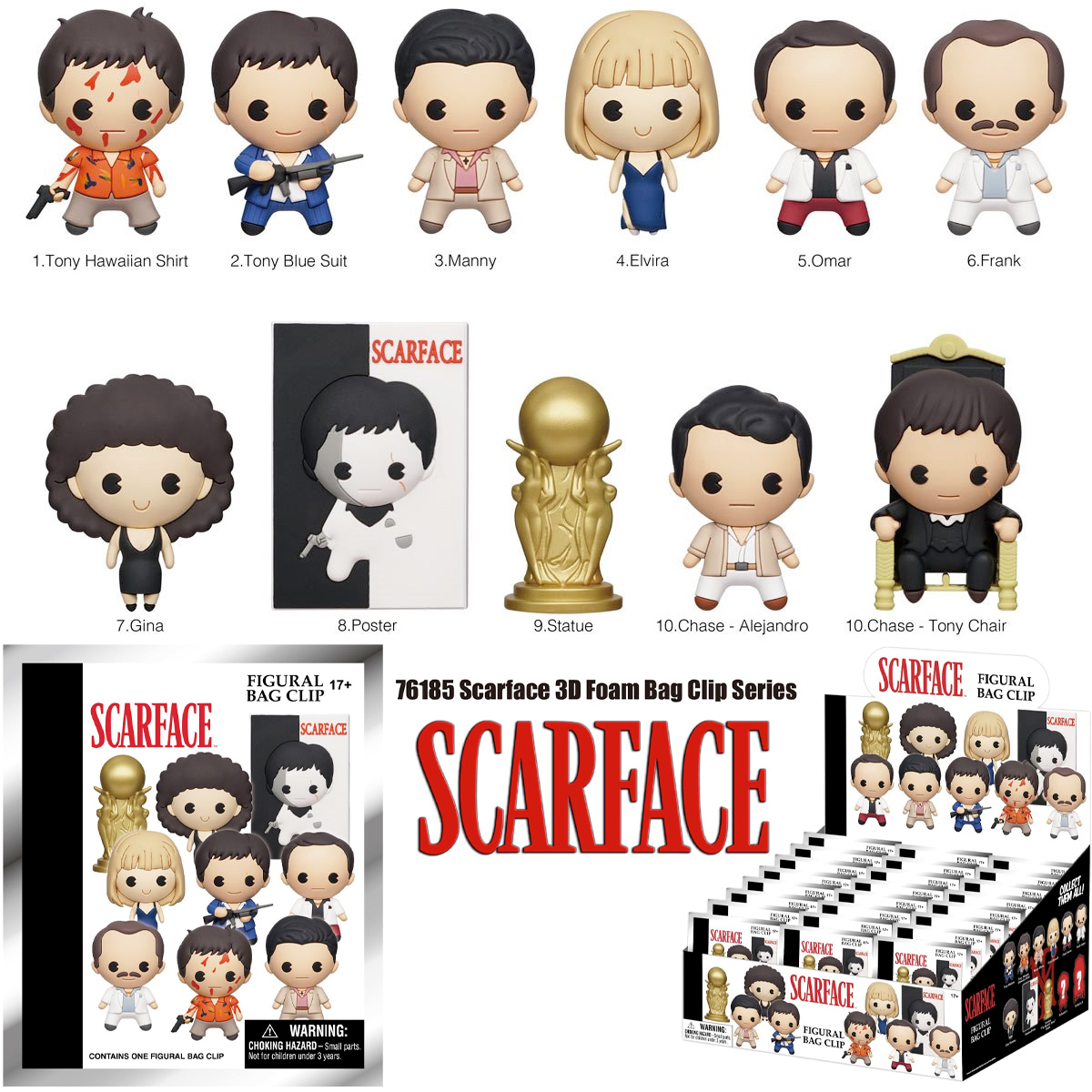 Chaveiros Scarface 3D Figural Bag Clips do Filme de Al Pacino e Brian De Palma