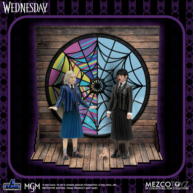 Action Figures Mezco 5 Points Wednesday Addams e Enid com Playset Ophelia Hall