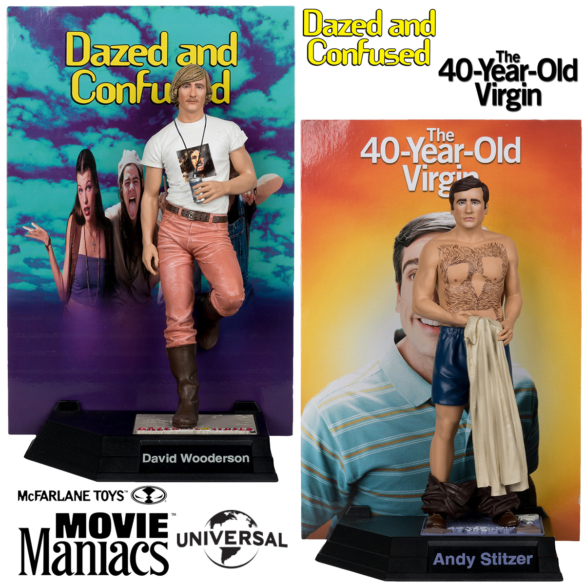 Figuras Movie Maniacs: David Wooderson (Matthew McConaughey) de Jovens, Loucos e Rebeldes e Andy Stitzer (Steve Carell) de O Virgem de 40 Anos