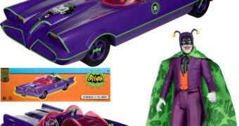 Carro Batmóvel (Jokermobile) e Coringa Gold Label da Série Clássica Batman 1966 (McFarlane Toys)