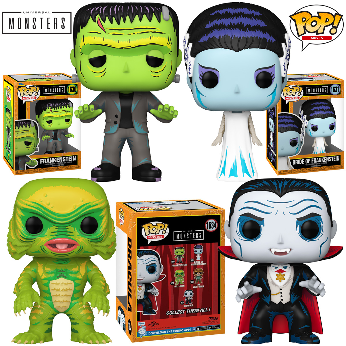 Monstros do Universal Studios Pop! Deco: Drácula, Gill-Man, Frankenstein e Noiva