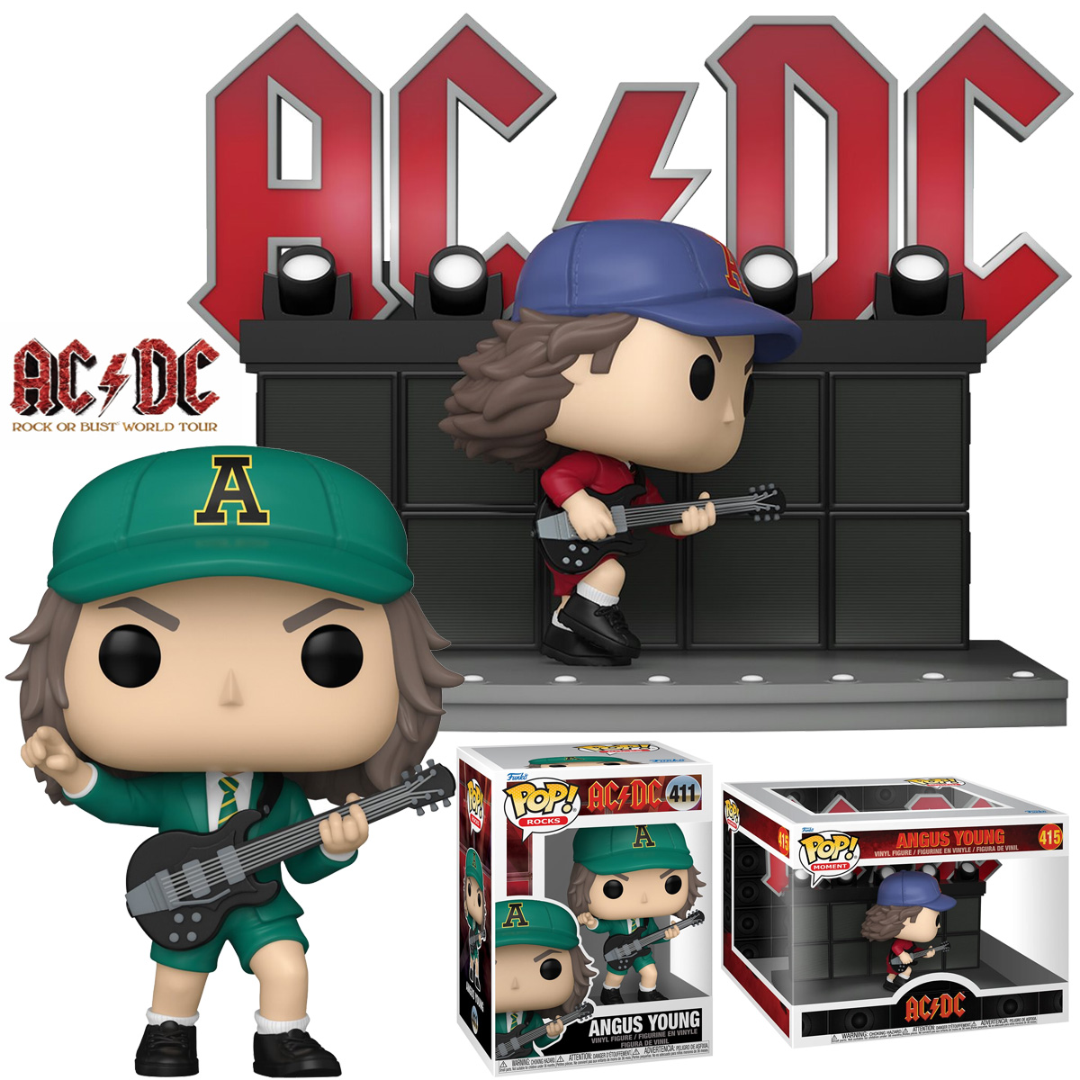 AC/DC Pop! Rocks: Angus Young Dançando no Palco e com Uniforme Verde da Turnê 