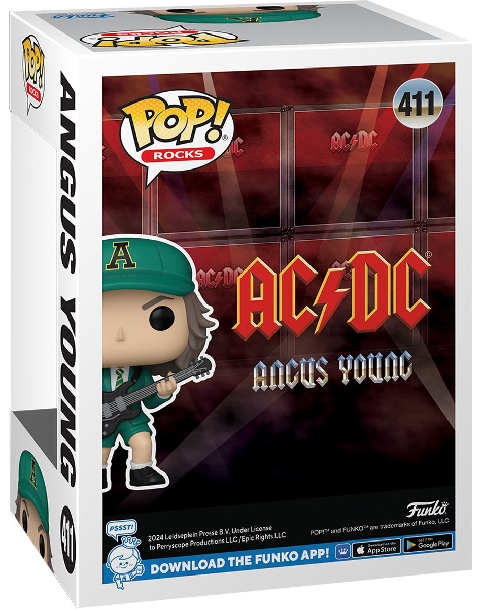 AC/DC Pop! Rocks: Angus Young Dançando no Palco e com Uniforme Verde da Turnê 