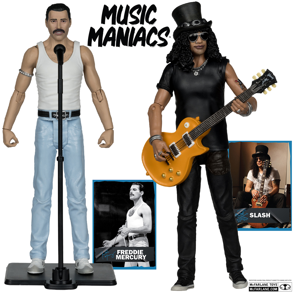 Action Figures Music Maniacs McFarlane: Freddie Mercury (Queen) e Slash (Guns N Roses)