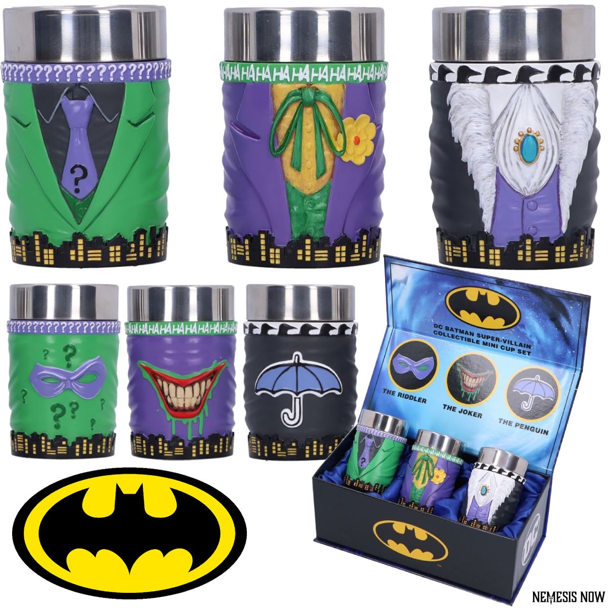 Set de Mini-Copos Batman Arqui-Inimigos: Coringa, Charada e Pinguim