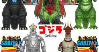 Action Figures Toho ReAction: Godzilla (1984), Mechagodzilla e Titanosaurus (1975), Godzilla Semi-Clear (1954) e Hedorah (1971)