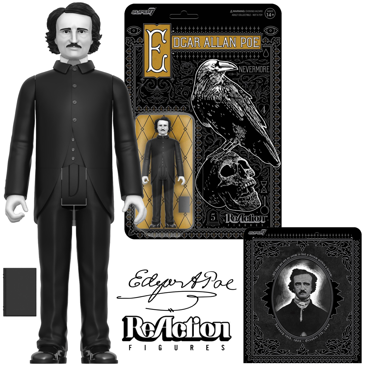 Action Figure Edgar Allen Poe ReAction em Preto e Branco – O Corvo 1845