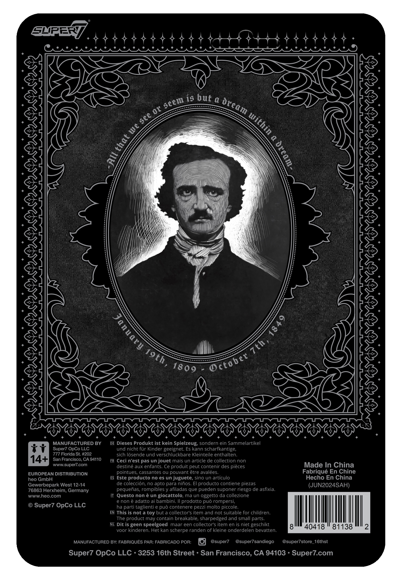 Action Figure Edgar Allen Poe ReAction em Preto e Branco