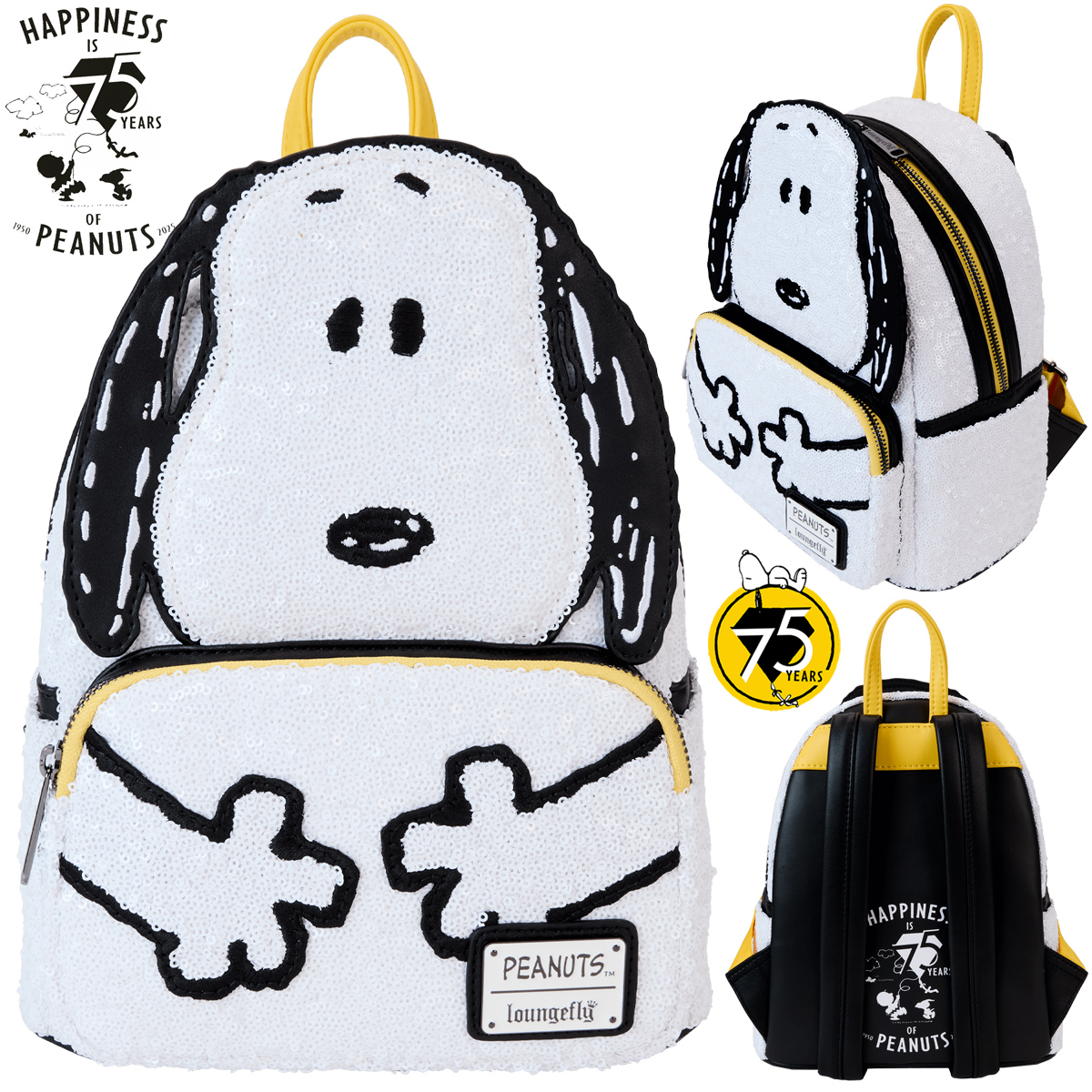 Mini-Mochila Snoopy de Lantejoulas Brancas - Peanuts 75 Anos