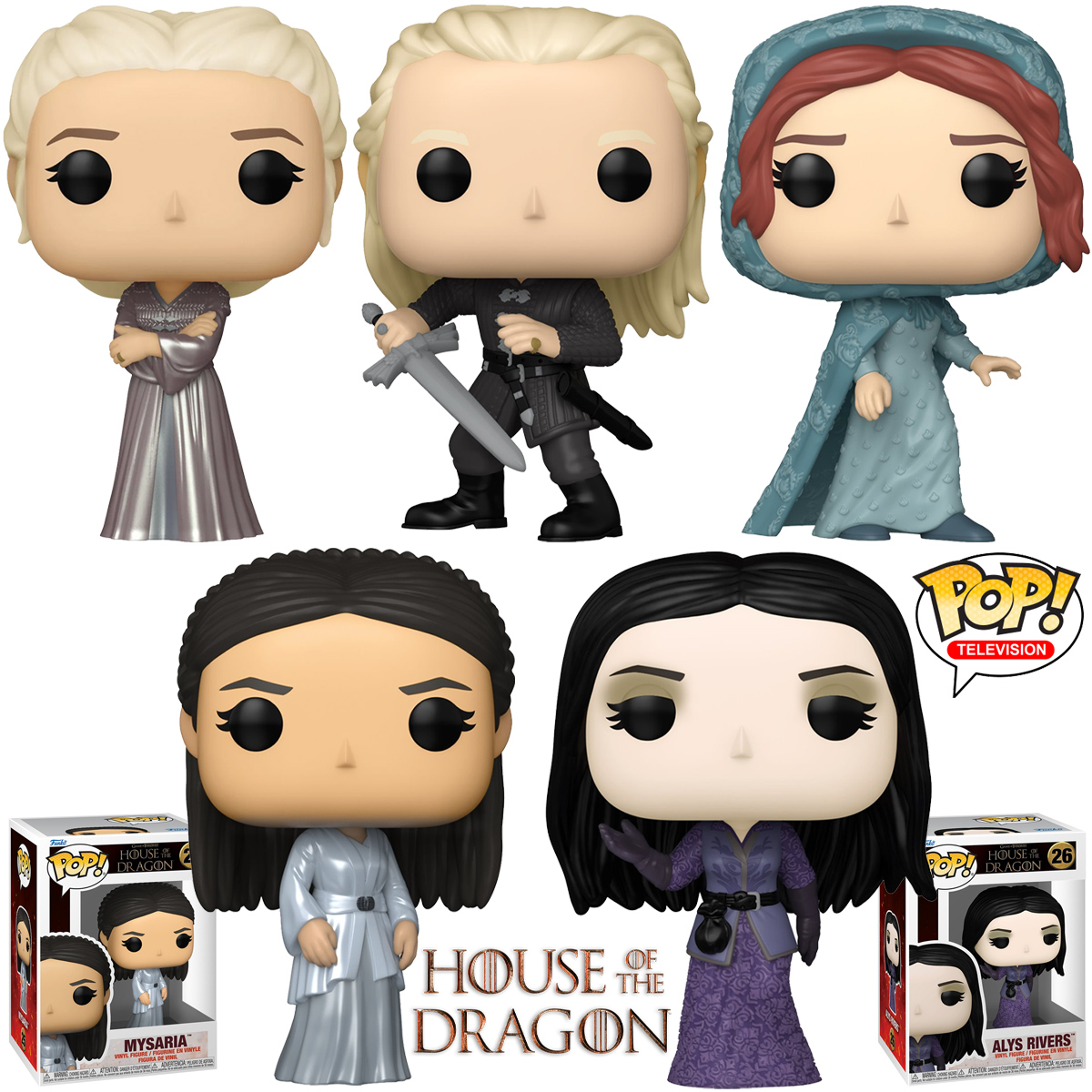 House of the Dragon Funko Pop! com Daemon, Rhaenyra, Alicent, Mysaria e Alys Rivers