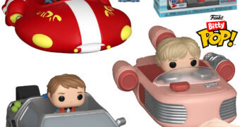 Micro-Figuras e Veículos Bitty Pop! Rides: Stitch com Red One, Marty McFly com DeLorean e Luke Skywalker com Landspeeder