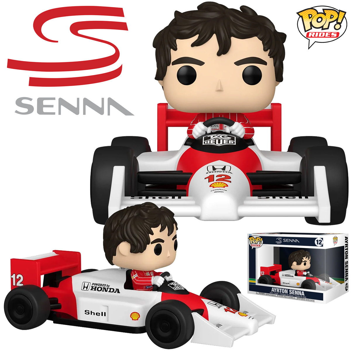 Boneco Pop! Rides Ayrton Senna na McLaren 12 (Fórmula 1)