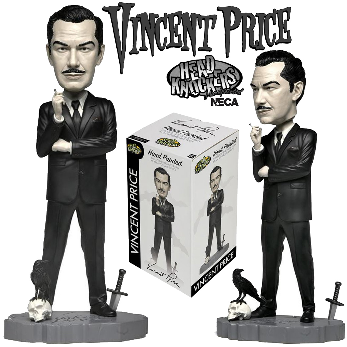 Boneco Vincent Price Head Knocker Bobble Head em Preto e Branco