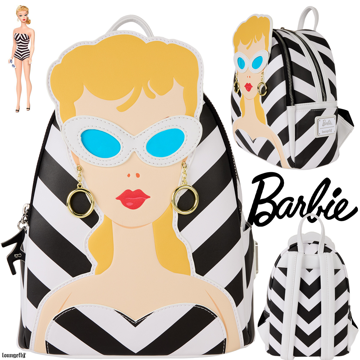 Mini-Mochila Barbie Clássica 1959 com Maiô Chevron Preto e Branco