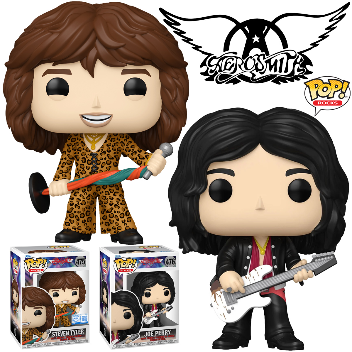 Bonecos Pop! Aerosmith:  Steven Tyler (Estampa Leopardo) e Joe Perry