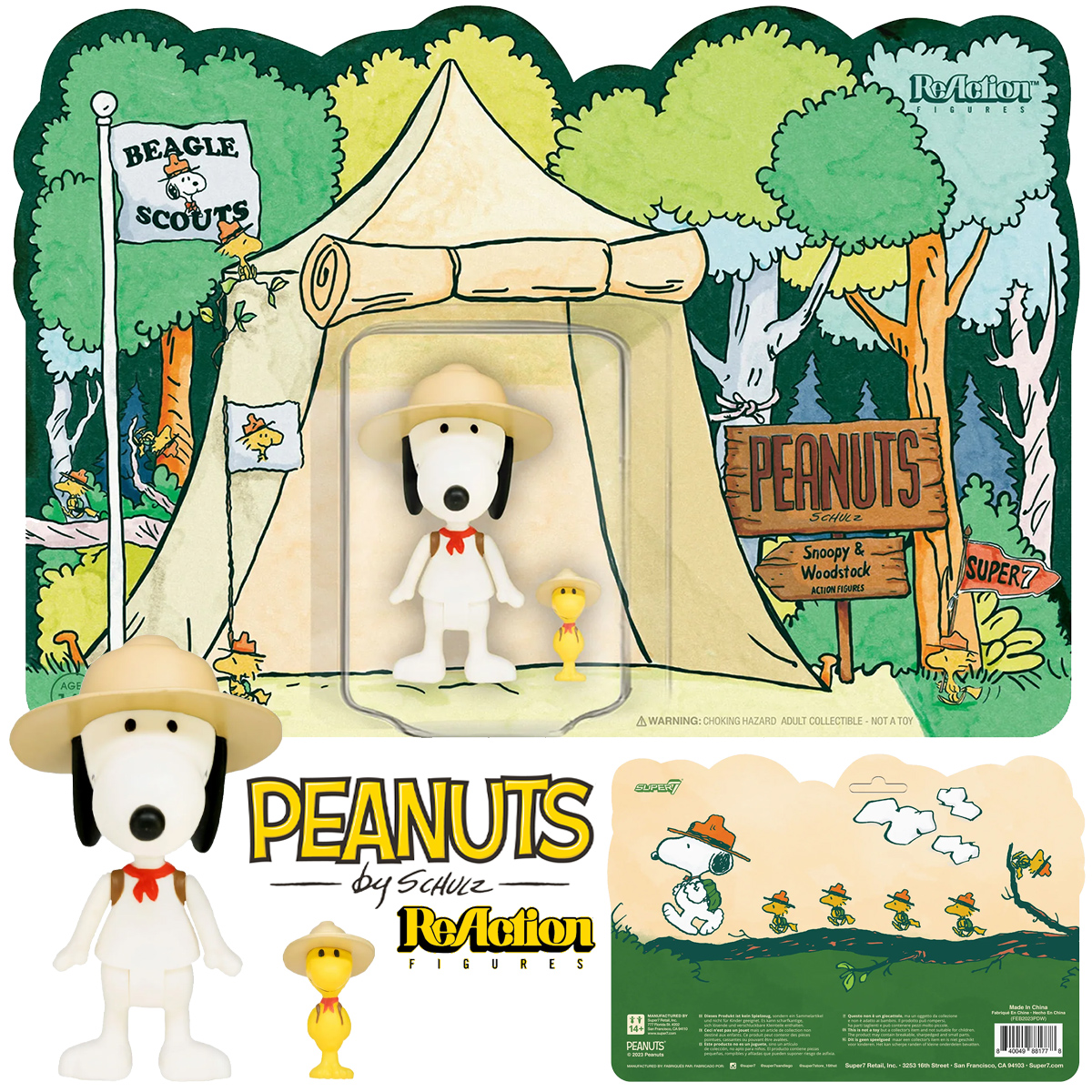 Action Figures ReAction Peanuts com Snoopy e Woodstock Escoteiros Beagle Scouts