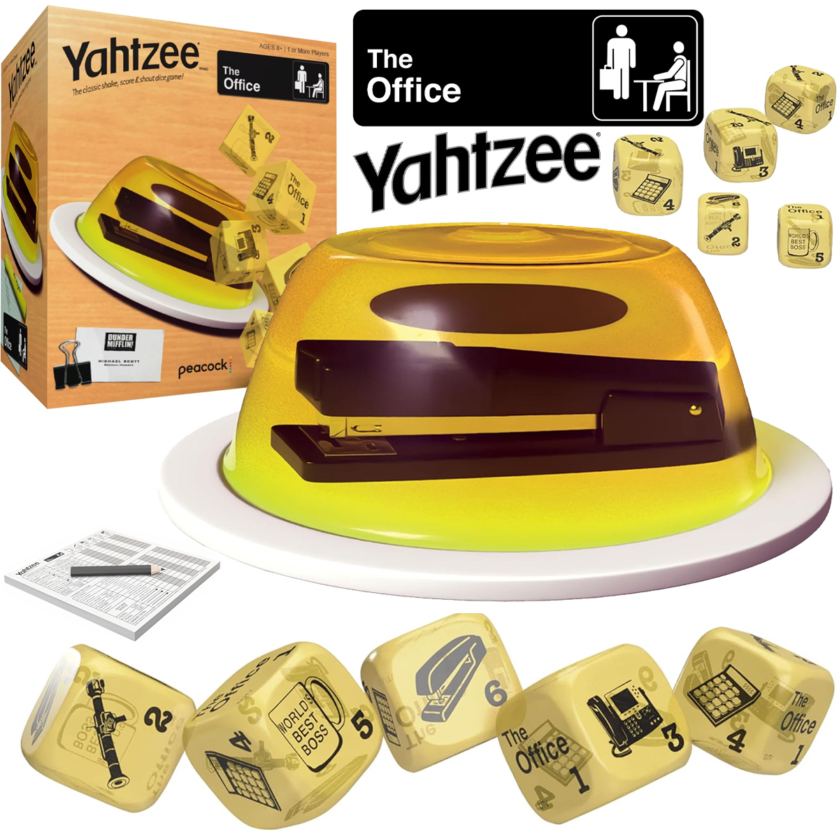 Jogo Yahtzee The Office com Grampeador na Gelatina como Copo de Dados