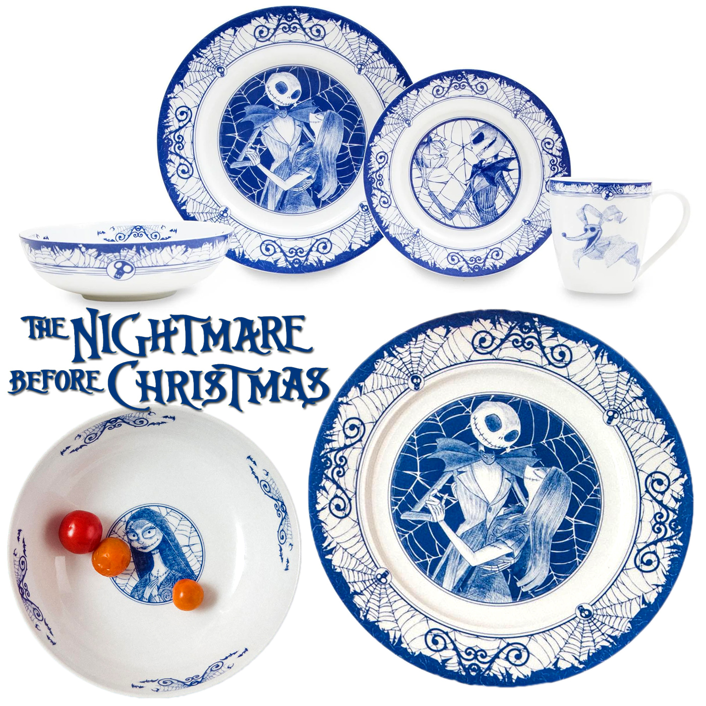 Conjunto de Pratos The Nightmare Before Christmas em Porcelana Azul e Branca (Qinghua)