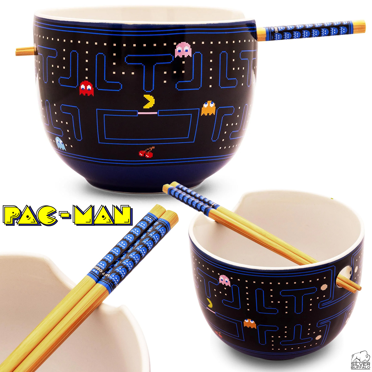 Tigela Ramen Pac-Man com Labirinto e Fantasminhas