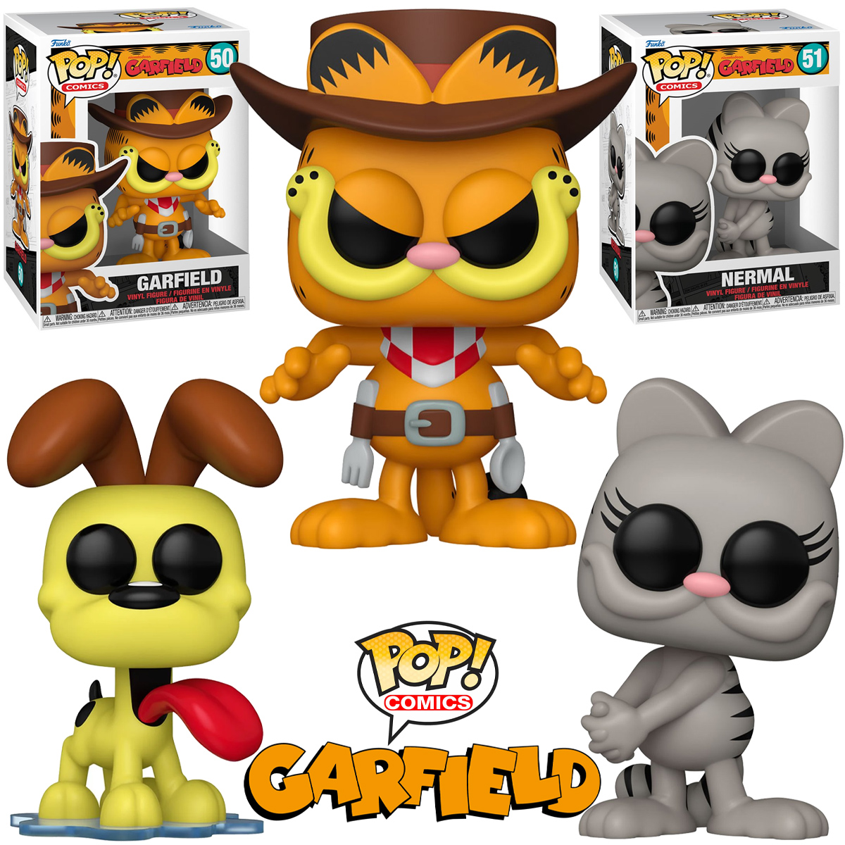 Bonecos Pop! Comics: Garfield Cowboy, Odie e Nermal