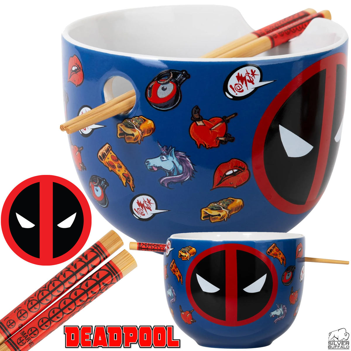 Tigela Ramen Deadpool Iconografia com Chimichangas e Pizzas