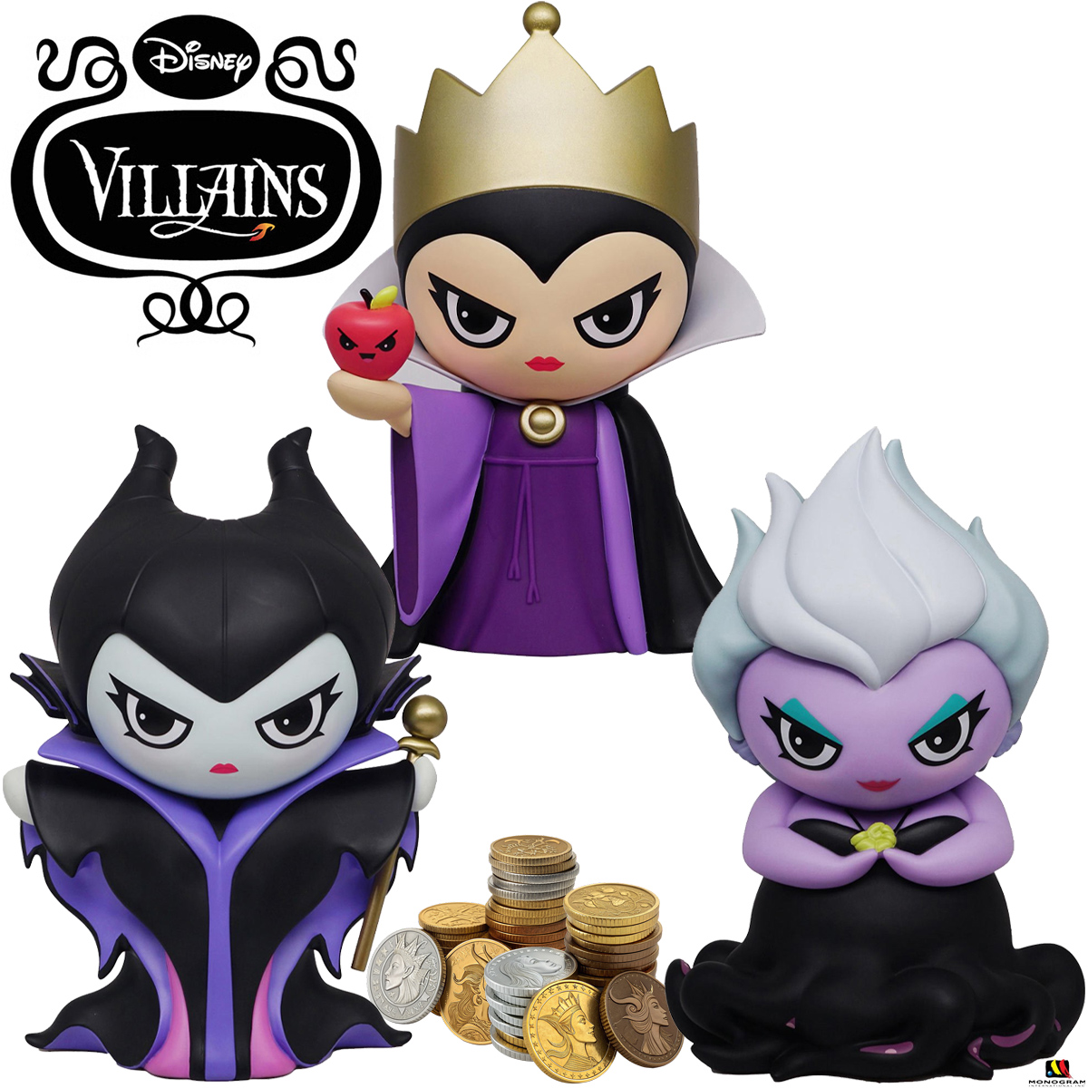 Cofre Vilãs Disney PVC Figural Banks: Malévola, Úrsula e Rainha Má