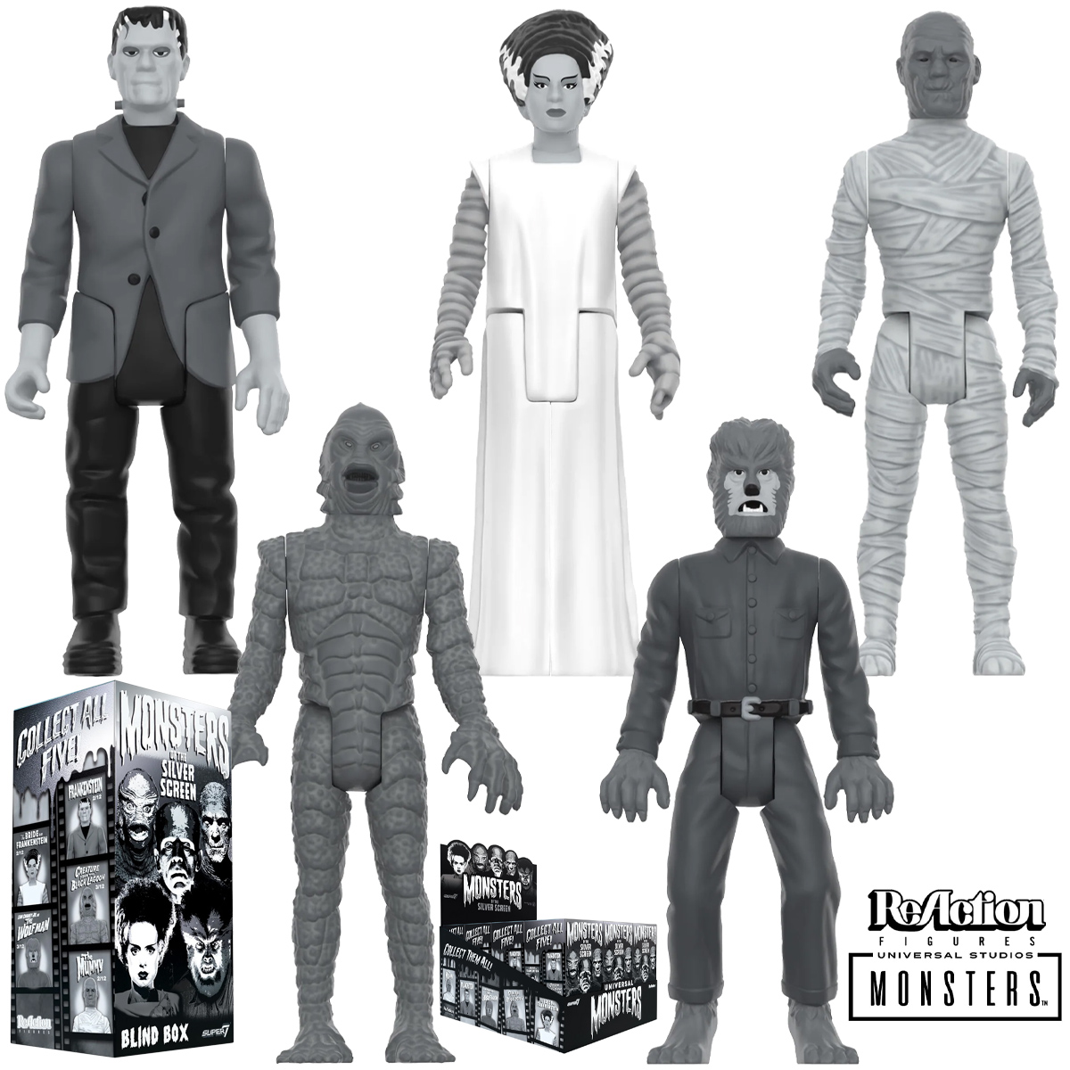 Action Figures ReAction Blind-Box: Monstros da Universal em Preto e Branco