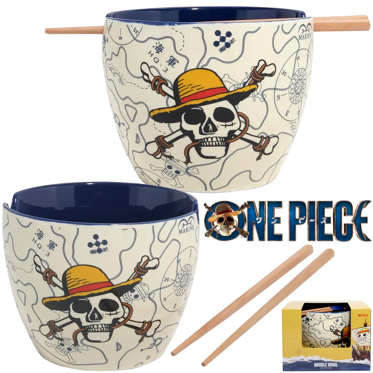 Tigela Ramen One Piece Mapa Náutico com Caveira de Chapéu de Palha