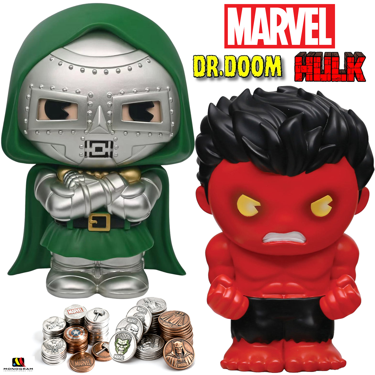 Cofres Marvel PVC Figural Bank: Doutor Destino e Hulk Vermelho