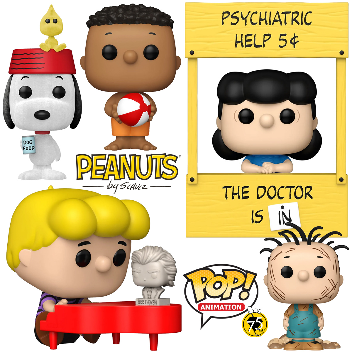 Bonecos Pop! Peanuts: Snoopy & Woodstock, Lucy, Schroeder, Franklin e Chiqueirinho