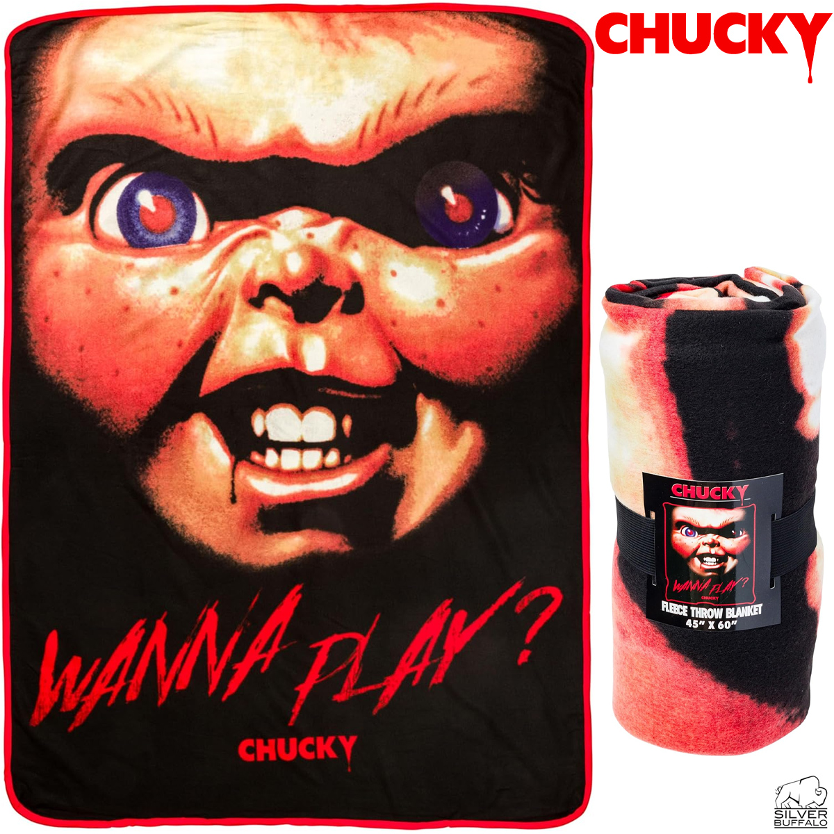 Cobertor de Lance Chucky “Wanna Play?” (Quer Brincar?)