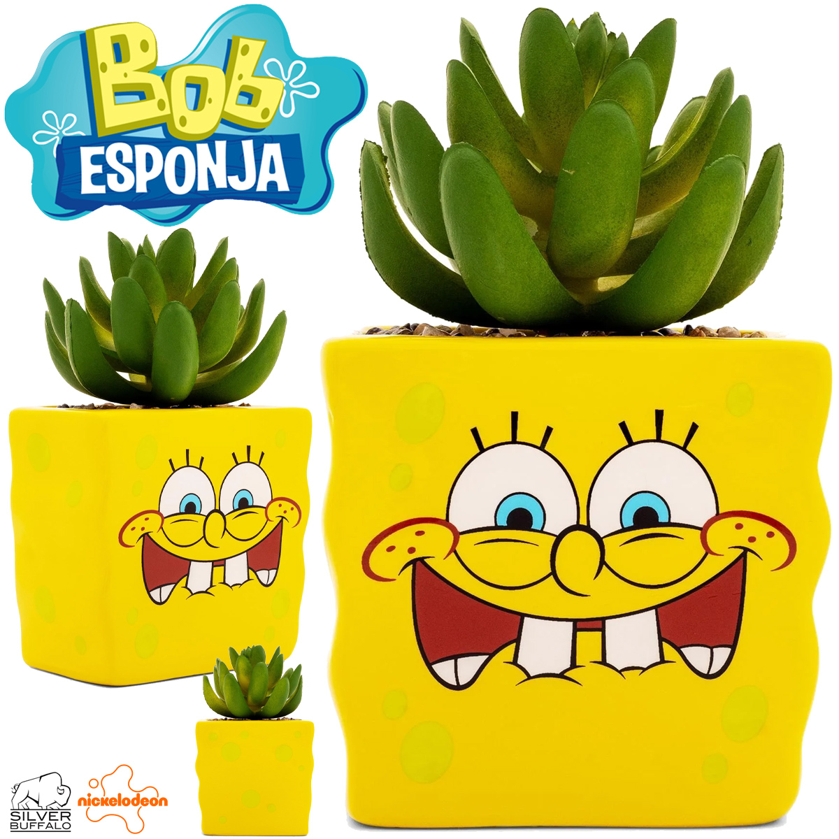 Mini-Vaso de Plantas Bob Esponja Calça Quadrada com Suculenta Artificial