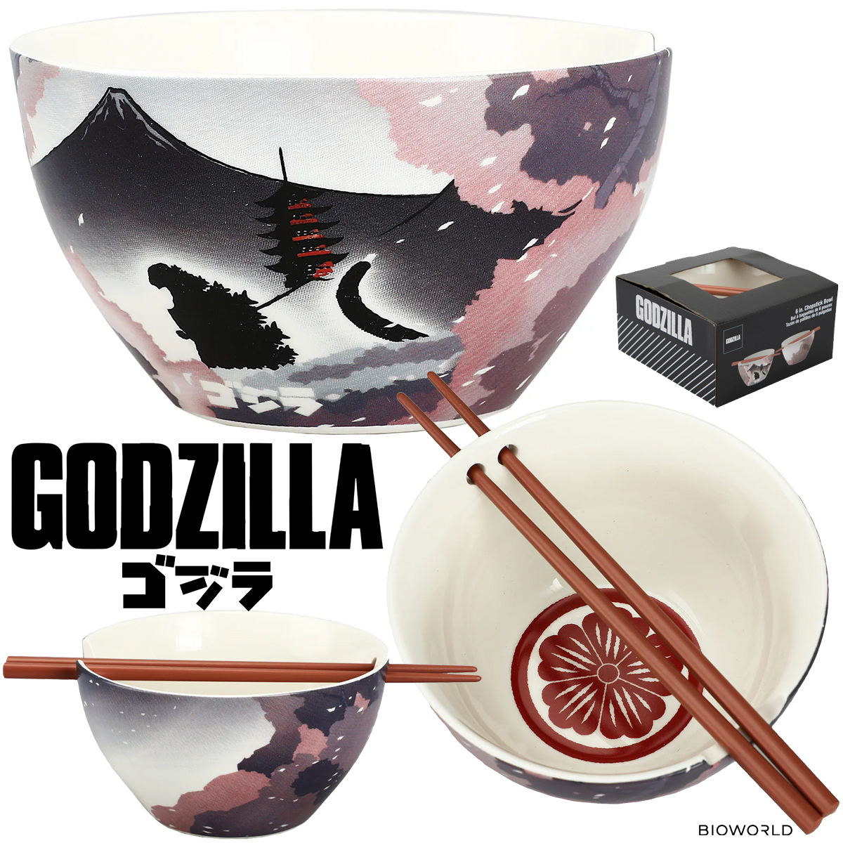 Tigela Ramen Godzilla com Monte Fuji e Flor de Sakura
